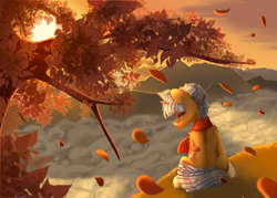 Size: 3500x2500 | Tagged: safe, artist:medkit, oc, oc only, pony, unicorn, autumn leaves, cloud, eyes closed, female, grass, high res, leaves, mountain, paint tool sai 2, scarf, solo, sunset, tree, wind