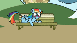 Size: 1920x1080 | Tagged: safe, artist:kid wizard, rainbow dash, pegasus, pony, g4, animated, bench, blushing, book, dialogue, falling, female, flying, gif, implied anon, looking at you, looking down, lying down, mare, open mouth, open smile, prone, sad, sitting, smiling, solo, spread wings, subtitles, talking to viewer, tsunderainbow, tsundere, wings