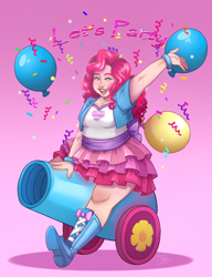 Size: 1250x1630 | Tagged: safe, artist:toxiccolour, pinkie pie, human, g4, balloon, bbw, boots, chubby, clothes, confetti, cute, diapinkes, fat, female, humanized, open mouth, party cannon, pink background, pudgy pie, shirt, shoes, simple background, skirt, solo, t-shirt, vest