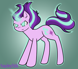 Size: 1878x1668 | Tagged: safe, artist:hayley566, starlight glimmer, pony, unicorn, g4, :c, >:c, artificial horn, augmented, female, frown, glowing, glowing horn, gradient background, horn, magic, magic glowing horn, magic horn, mare, no pupils, slender, solo, thin