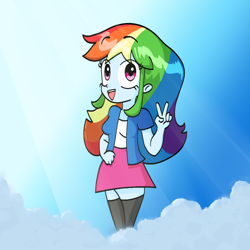 Size: 1000x1000 | Tagged: safe, artist:kid wizard, rainbow dash, human, equestria girls, g4, clothes, cloud, crepuscular rays, female, open mouth, open smile, peace sign, shirt, skirt, smiling, socks, solo, thigh highs