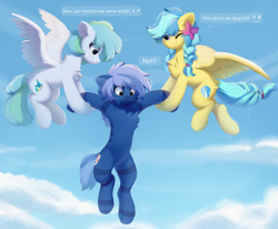 Size: 2372x1956 | Tagged: safe, artist:little-sketches, oc, oc only, oc:dark straw, oc:jeppesen, oc:siriusnavigator, hybrid, pegasus, pony, zony, beautiful, braid, braided tail, butt fluff, carrying, chest fluff, cloud, cute, feather, female, flower, flower in hair, flying, leg fluff, looking down, mare, one eye closed, pegasus oc, rule 63, sky, sky background, speech bubble, sweat, sweatdrop, tail, text, trio, twin braids, wings, wink, zony oc