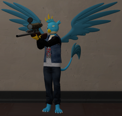 Size: 1131x1080 | Tagged: safe, artist:php170, gallus, griffon, anthro, digitigrade anthro, g4, 3d, claws, clothes, criatures fortress 2, gun, jacket, male, pants, paws, pose, rifle, sniper, sniper (tf2), sniper rifle, solo, source filmmaker, spread wings, tail, team fortress 2, that griffon sure does love weapons, weapon, wings