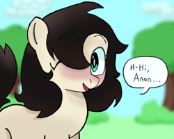 Size: 1000x800 | Tagged: safe, artist:kid wizard, oc, oc only, oc:floor bored, earth pony, pony, blushing, dialogue, female, hair over one eye, implied anon, looking at you, mare, one eye closed, open mouth, open smile, smiling, solo, speech bubble, talking to viewer, tree, wink