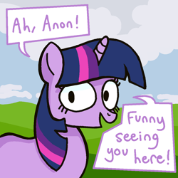Size: 1000x1000 | Tagged: safe, artist:kid wizard, twilight sparkle, pony, unicorn, g4, dialogue, female, implied anon, looking at you, mare, offscreen character, open mouth, open smile, smiling, solo, speech bubble, talking to viewer, unicorn twilight