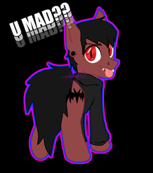 Size: 1368x1539 | Tagged: safe, artist:decaydaance, oc, bat pony, black background, impact font, looking at you, looking back, looking back at you, piercing, ponysona, signature, simple background, smug, u mad