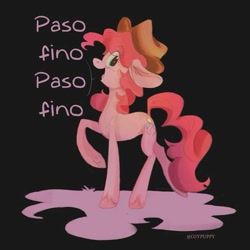 Size: 715x715 | Tagged: safe, artist:coypuppy, pinkie pie, earth pony, pony, g4, eye clipping through hair, female, hat, looking at you, mare, raised hoof, solo, spanish, spanish text, speech bubble, translated in the comments, unshorn fetlocks
