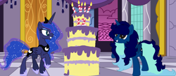 Size: 4172x1815 | Tagged: safe, artist:calibykitty, artist:yeetmedownthestairs, princess luna, oc, oc:midnight, oc:midnight specter, alicorn, pony, mlp fim's twelfth anniversary, g4, cake, candle, complex background, flowing mane, flowing tail, food, long mane, long tail, raised leg, smiling, surprised, tail