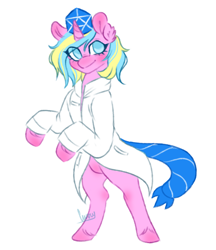 Size: 774x897 | Tagged: safe, artist:curryrice, oc, oc only, pony, unicorn, bipedal, blushing, clothes, commission, featureless crotch, lab coat, science, simple background, solo, white background