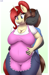 Size: 3000x4581 | Tagged: safe, artist:an-tonio, oc, oc only, oc:golden brooch, oc:twisty, unicorn, anthro, apron, big breasts, breasts, busty golden brooch, cleavage, clothes, commission, female, freckles, goldentwist, horn, hug, hug from behind, male, mare, milf, oc x oc, pregnant, shipping, stallion, straight