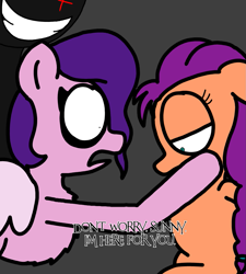 Size: 1275x1414 | Tagged: safe, artist:professorventurer, pinkie pie, pipp petals, sunny starscout, earth pony, pegasus, pony, series:ask pippamena, g5, behind you, creepypasta, female, glowing, glowing eyes, lesbian, look out, no catchlights, pinkamena diane pie, pippamena, shadow, ship:petalscout, shipping, smiling