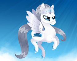 Size: 3000x2400 | Tagged: safe, artist:champion-of-namira, oc, oc only, oc:silverline, pegasus, pony, cloud, crepuscular rays, flying, high res, pegasus oc, signature, sky, smiling, smirk, solo, spread wings, wings