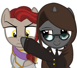 Size: 2683x2376 | Tagged: safe, artist:mrvector, oc, oc only, oc:lawkeeper equity, oc:sonata, earth pony, pony, unicorn, elements of justice, turnabout storm, angry, armor, boop, clothes, cross-popping veins, emanata, female, glasses, high res, mare, simple background, smiling, smug, suit, transparent background, vector