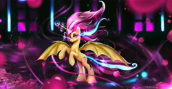 Size: 3832x2000 | Tagged: safe, artist:darksly, fluttershy, alicorn, bat pony, bat pony alicorn, pony, g4, alicornified, apple, badass, bat ponified, bat wings, eye mist, flutterbadass, flutterbat, fluttercorn, food, high res, horn, nightmare flutterbat, nightmare fluttershy, nightmarified, race swap, rearing, solo, wings