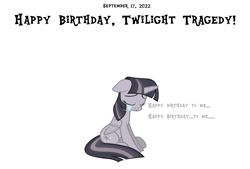 Size: 2720x1835 | Tagged: safe, artist:wardex101, twilight sparkle, alicorn, pony, g4, crying, depressed, discorded, discorded twilight, eyes closed, female, folded wings, happy birthday, high res, lonely, mare, sad, simple background, sitting, solo, sorrow, text, twilight sparkle (alicorn), twilight tragedy, white background, wings