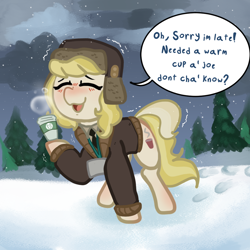 Size: 1000x1000 | Tagged: safe, artist:nootaz, march gustysnows, earth pony, pony, g4, coffee, dialogue, eyes closed, open mouth, open smile, smiling, snow, snowfall, solo, tree