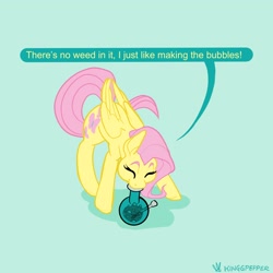 Size: 2048x2048 | Tagged: safe, artist:kinggpepper, fluttershy, pegasus, pony, g4, blowing bubbles, bong, cute, dialogue, eyes closed, female, green background, high res, mare, shyabetes, simple background, solo, speech bubble