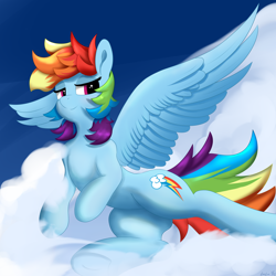 Size: 4096x4096 | Tagged: safe, artist:leoliu0491, rainbow dash, pegasus, pony, g4, absurd resolution, backwards cutie mark, cloud, cute, dashabetes, female, flying, looking at you, mare, on a cloud, smiling, solo, spread wings, wings