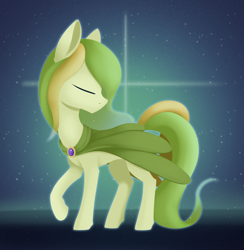 Size: 2584x2644 | Tagged: safe, artist:dusthiel, oc, oc only, oc:dust wind, earth pony, pony, abstract background, beautiful, cloak, clothes, concave belly, ethereal mane, ethereal tail, eyes closed, high res, male, raised hoof, slender, solo, tail, thin, turned head