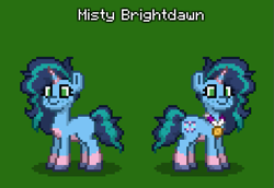 Size: 711x490 | Tagged: safe, misty brightdawn, pony, unicorn, pony town, g5, blank flank, fake cutie mark, freckles, medallion, pixel art, smiling