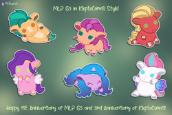 Size: 7500x5000 | Tagged: safe, artist:melisareb, part of a set, hitch trailblazer, izzy moonbow, pipp petals, sprout cloverleaf, sunny starscout, zipp storm, earth pony, pegasus, pony, unicorn, mlp fim's twelfth anniversary, g5, .svg available, absurd resolution, crossover, female, gradient mane, gradient tail, horn, kleptocorns, lying down, male, mane five, mare, prone, sitting, stallion, tail, text, unshorn fetlocks, vector, wings