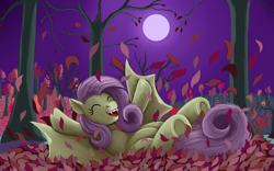 Size: 1920x1200 | Tagged: safe, artist:earthquake87, fluttershy, bat pony, pony, g4, bat ponified, cute, eyes closed, fangs, female, flutterbat, full moon, happy, leaves, lying down, mare, moon, night, on back, open mouth, open smile, playing, race swap, shyabetes, smiling, solo
