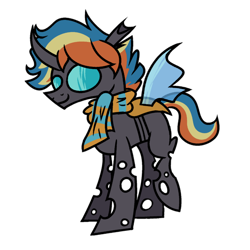 Size: 1112x1112 | Tagged: artist needed, safe, oc, oc only, oc:sardonyx, changeling, clothes, cute, ocbetes, orange changeling, raised leg, scarf, simple background, solo, striped scarf, transparent background