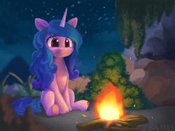 Size: 2048x1536 | Tagged: safe, artist:rily, izzy moonbow, pony, unicorn, g5, my little pony: a new generation, campfire, cave, cute, female, fire, izzybetes, night, sitting, smiling, solo, stars