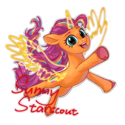 Size: 1938x1938 | Tagged: safe, artist:rily, sunny starscout, alicorn, earth pony, pony, g5, my little pony: a new generation, my little pony: make your mark, alicorn sunny, blue eyes, cute, female, flying, happy, heart, hoof heart, looking at you, mane stripe sunny, open mouth, open smile, orange skin, rainbow, simple background, smiling, smiling at you, solo, sunnybetes, transparent background
