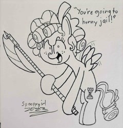 Size: 1500x1563 | Tagged: safe, artist:spoopygirl, cozy glow, pegasus, pony, g4, axe, horny jail, lineart, pen drawing, signature, solo, text, traditional art, weapon