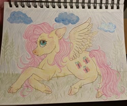 Size: 3024x2531 | Tagged: safe, artist:calicowboye, fluttershy, pegasus, pony, g4, cloven hooves, cute, female, high res, lying down, mare, prone, shyabetes, solo, traditional art