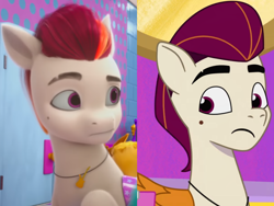 Size: 2048x1536 | Tagged: safe, edit, edited screencap, screencap, rocky riff, pegasus, pony, alicorn issues, g5, izzy does it, my little pony: make your mark, my little pony: make your mark chapter 2, my little pony: tell your tale, spoiler:g5, spoiler:my little pony: make your mark chapter 2, spoiler:my little pony: tell your tale, spoiler:mymc02e01, spoiler:tyts01e14, beauty mark, comparison, confused, door, duality, folded wings, jewelry, looking at each other, looking at someone, male, mane melody (location), necklace, raised hoof, solo, stallion, wings