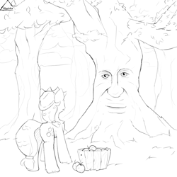 Size: 888x888 | Tagged: safe, artist:glazirka, applejack, earth pony, pony, g4, apple, face, food, living tree, meme, solo, tree