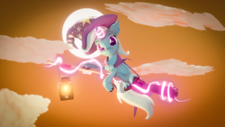 Size: 3840x2160 | Tagged: safe, artist:featray, trixie, pony, unicorn, g4, 3d, blender, broom, cloud, female, flying, flying broomstick, halloween, high res, holiday, lantern, looking at you, mare, sky, solo, unshorn fetlocks