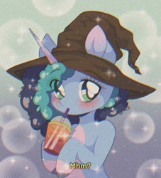 Size: 2048x2259 | Tagged: safe, artist:pierogarts, misty brightdawn, pony, unicorn, mlp fim's twelfth anniversary, g5, 90s anime, blushing, clothes, costume, halloween, halloween costume, hat, high res, holiday, nightmare night, nightmare night costume, retro, smoothie, solo, sparkles, witch, witch hat