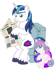 Size: 1146x1475 | Tagged: safe, anonymous artist, princess flurry heart, shining armor, alicorn, pony, unicorn, g4, book, but why, father and child, father and daughter, female, implied pooping, male, newspaper, potty, potty time, potty training, sitting, sitting on toilet, toilet