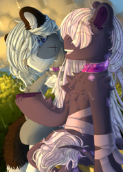 Size: 2500x3500 | Tagged: safe, artist:medkit, oc, oc only, cat pony, earth pony, hybrid, pony, bandage, cloud, collar, duo, eyes closed, eyes open, female, fence, forest, forest background, friends, hairpin, high res, male, paint tool sai 2, rain, scar, stallion, sunset, talking, tree