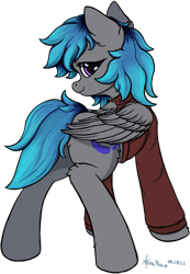 Size: 1550x2235 | Tagged: safe, alternate version, artist:aquamuro, oc, oc only, oc:overhaul, pegasus, pony, clothes, colored sketch, cute, female, fluffy, gradient mane, hoodie, looking at you, looking back, looking back at you, mare, multicolored hair, pegasus oc, rear view, signature, simple background, sketch, smiling, solo, transparent background, wings