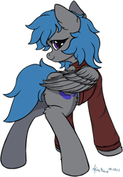 Size: 1550x2235 | Tagged: safe, alternate version, artist:aquamuro, oc, oc only, oc:overhaul, pegasus, pony, clothes, colored sketch, cute, female, fluffy, hoodie, looking at you, looking back, looking back at you, mare, pegasus oc, rear view, signature, simple background, sketch, smiling, solo, transparent background, wings