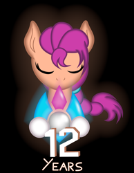 Size: 2900x3740 | Tagged: safe, artist:strategypony, sunny starscout, earth pony, pony, mlp fim's twelfth anniversary, g5, black background, braid, crystal, earth pony crystal, eyes closed, female, high res, holding, mare, number, pegasus crystal, simple background, text, unicorn crystal, unity crystals