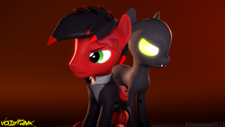 Size: 3840x2160 | Tagged: safe, artist:fireemerald123, oc, oc only, oc:page feather, oc:voice, pegasus, pony, 3d, clothes, duo, glowing, glowing eyes, high res, jacket, leather, leather jacket, simple background, source filmmaker, void entity, voidpunk, watermark