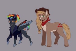 Size: 640x430 | Tagged: safe, artist:pierroid, applejack, rainbow dash, earth pony, pegasus, pony, g4, alternate design, applejack's hat, bandana, braid, clothes, coat markings, colored ears, colored eyebrows, colored hooves, colored wings, cowboy hat, duo, duo female, female, freckles, goggles on head, gray background, hat, mare, multicolored hair, multicolored wings, no eyelashes, no pupils, rainbow hair, reddit, redesign, shirt, simple background, unshorn fetlocks, wings