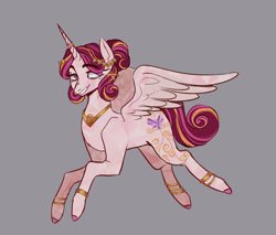 Size: 640x545 | Tagged: safe, artist:pierroid, princess cadance, alicorn, crystal alicorn, crystal pony, pony, g4, alternate design, colored hooves, female, gray background, horn, horn ring, jewelry, laurel wreath, leg bracelet, mare, partially open wings, race swap, reddit, redesign, regalia, ring, simple background, solo, wings, wreath