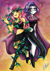 Size: 1000x1414 | Tagged: safe, artist:yukariasano, fluttershy, rarity, human, equestria girls, g4, ponies of dark water, clothes, commission, doctor doomity, duo, female, mask, midriff, poison ivyshy