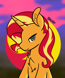 Size: 2500x3000 | Tagged: safe, alternate version, artist:shiiiny, sunset shimmer, pony, unicorn, g4, bust, chest fluff, female, high res, mare, portrait, smiling, smirk, solo