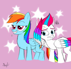 Size: 2104x2048 | Tagged: safe, artist:fanartist:2020, rainbow dash, zipp storm, pegasus, pony, g4, g5, camera shy, colored wings, covering face, duo, duo female, embarrassed, eyebrows, female, folded wings, frown, grin, high res, lidded eyes, mare, multicolored wings, signature, smiling, sparkles, sweat, wings