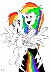 Size: 2480x3508 | Tagged: safe, artist:fanartist2020, rainbow dash, human, pegasus, pony, g4, female, high res, holding a pony, humanized, open mouth, self paradox, self ponidox, simple background, white background