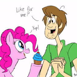 Size: 2048x2048 | Tagged: safe, artist:fanartist2020, pinkie pie, earth pony, human, pony, g4, crossover, cupcake, duo, female, food, high res, male, scooby-doo!, shaggy rogers, simple background, white background