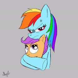 Size: 2048x2048 | Tagged: safe, artist:fanartist2020, rainbow dash, scootaloo, pegasus, pony, g4, angry, cross-popping veins, duo, duo female, emanata, female, filly, foal, gray background, grumpy dash, high res, hug, looking up, mare, out of character, scootalove, siblings, signature, simple background, sisters