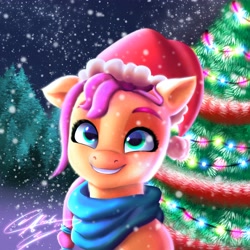 Size: 4096x4096 | Tagged: safe, artist:alfunezart, sunny starscout, earth pony, pony, g5, absurd resolution, christmas, christmas tree, clothes, cute, daaaaaaaaaaaw, female, floppy ears, happy, hat, holiday, mare, one ear down, santa hat, scarf, smiling, snow, snowfall, solo, sunnybetes, tree